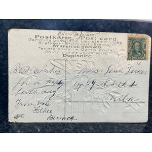 Antique 1908 Postcard 1 Cent Green Franklin Stamp "Best Wishes" Green Bow